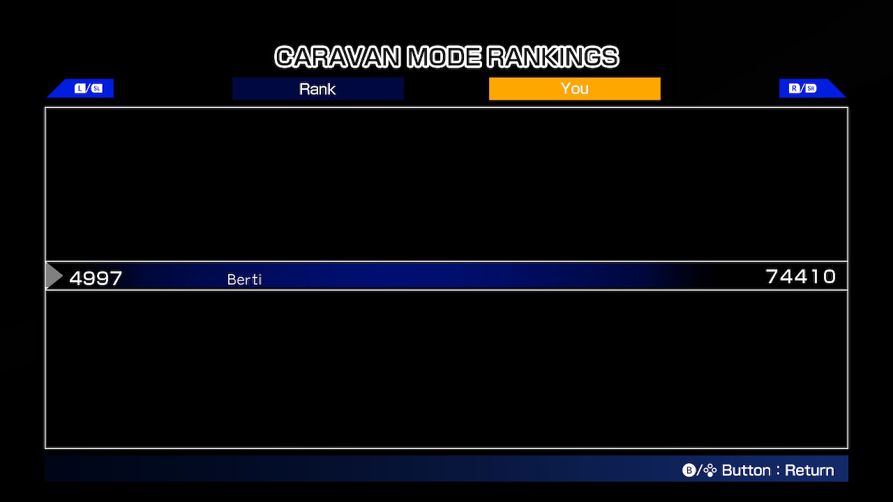 Screenshot: Metal Slug online leaderboards of Caravan mode, showing Berti at 4997th place with a score of 74 410